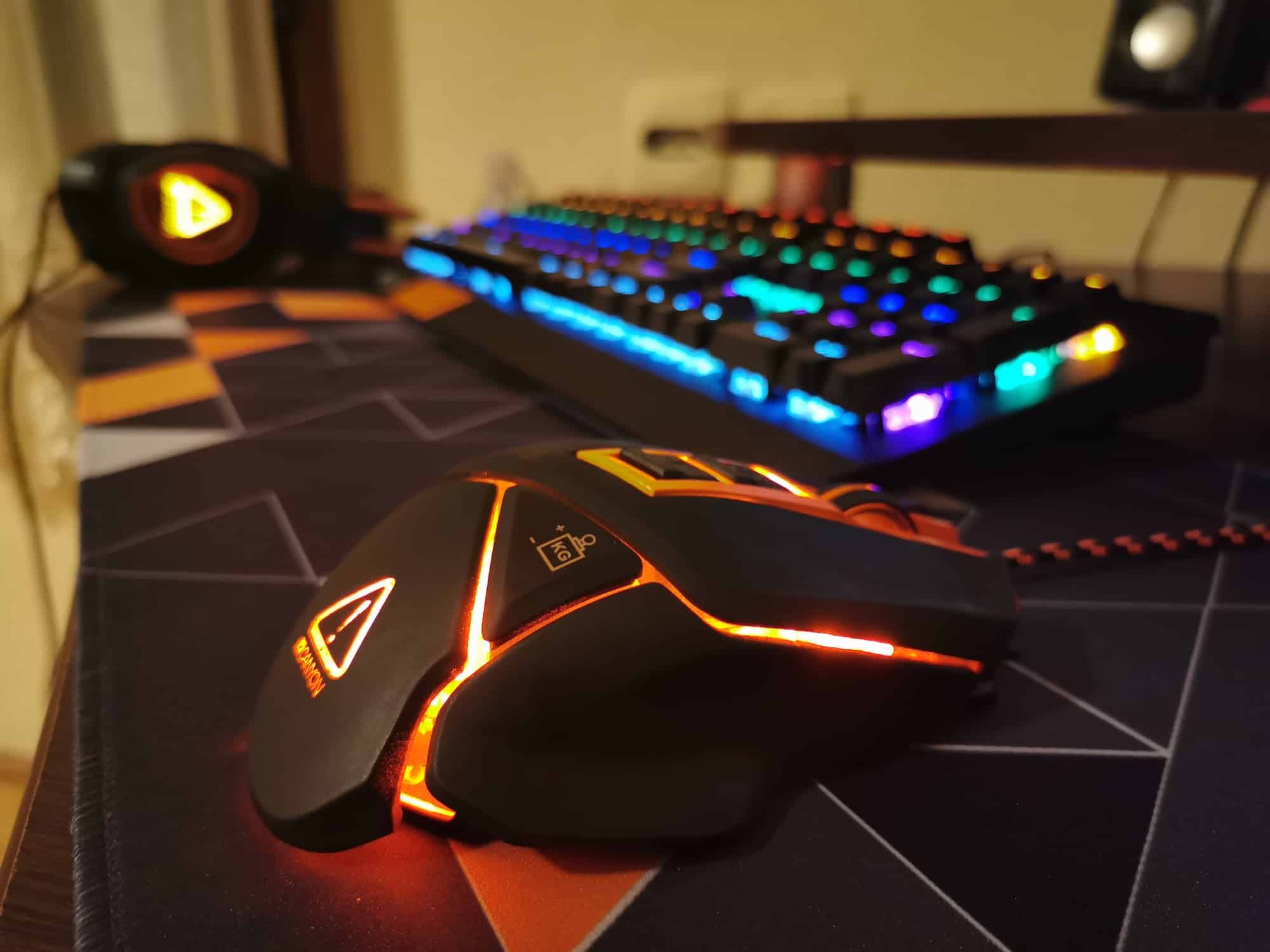 Orange led gaming mouse closeup