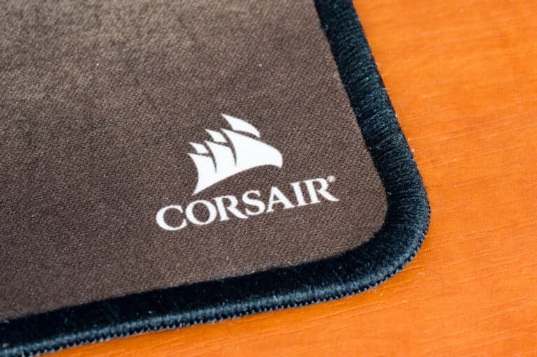 Close-up for Corsair logo and sign on the mousepad
