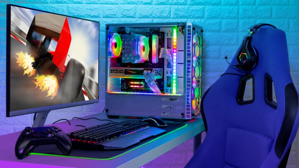 Colorful bright illuminated rgb gaming pc with keyboard mouse monitor and chair with racing screen in front of LED light brick